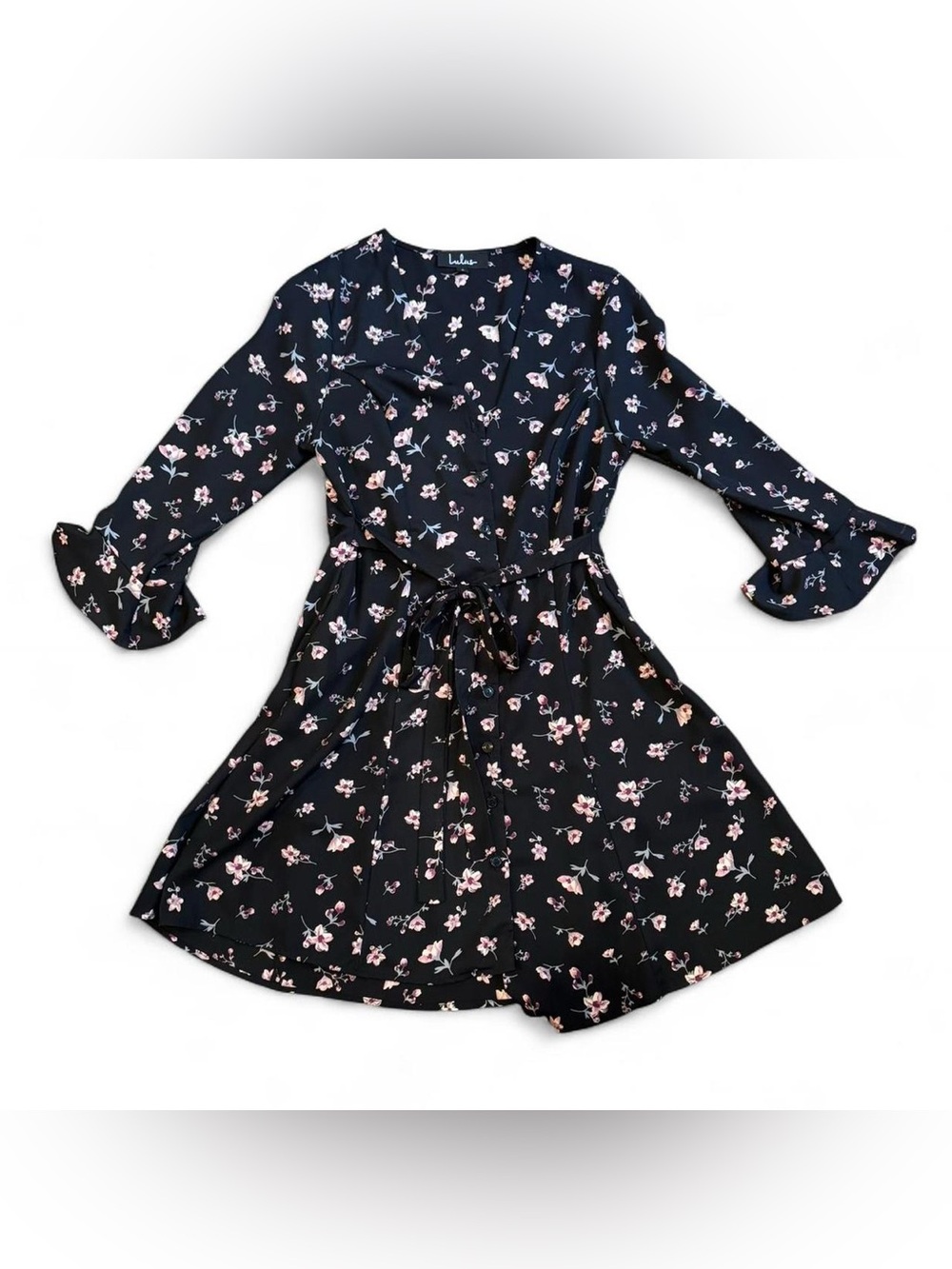 Lulu's Black Floral Mini Dress with Pink and White Blossoms